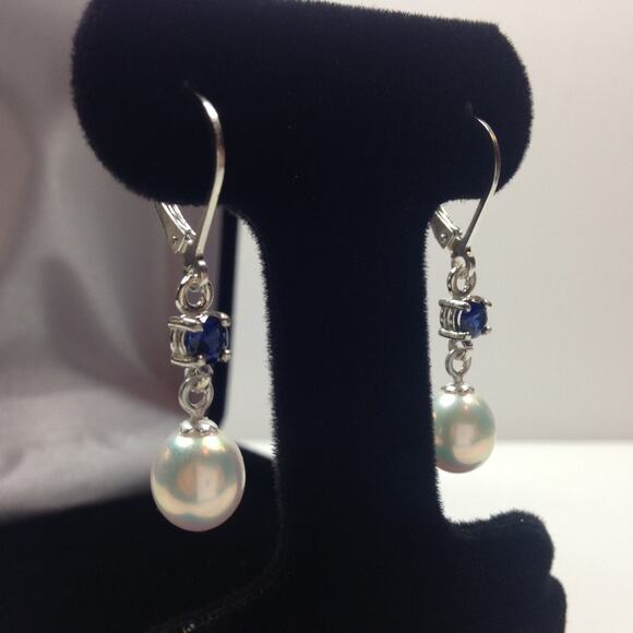 Beautiful Pearl & Sapphire Earrings in Sterling Silver Dangle Pearl Earrings - Picture 2 of 4